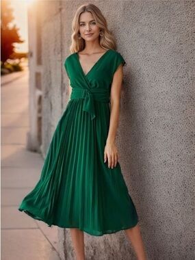 Unsubscribed Forest Green Satin Pleated Wrap Maxi Dress - Size S